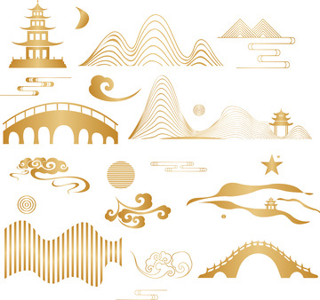 中国风古典山水祥云古桥亭子矢量装饰元素