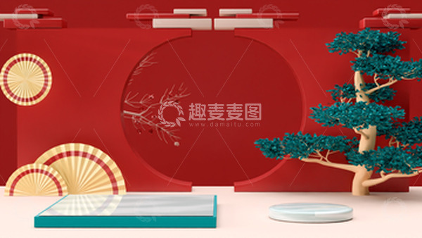 C4D红色新中式展台背景