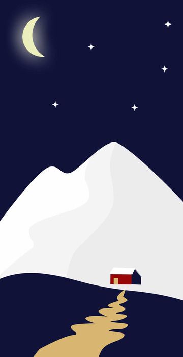 冬季雪山山下小屋夜景卡通插画背景手机壁纸