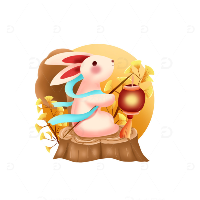 手绘月兔灯笼月亮中秋节装饰元素