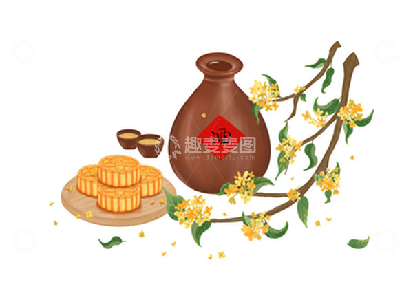 源文件下载【趣麦麦图】手绘桂花酒坛月饼中秋节插画元素
