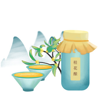 中秋节蓝色手绘桂花酿酒瓶