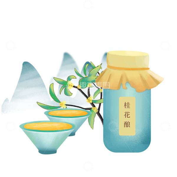 源文件下载【趣麦麦图】中秋节蓝色手绘桂花酿酒瓶