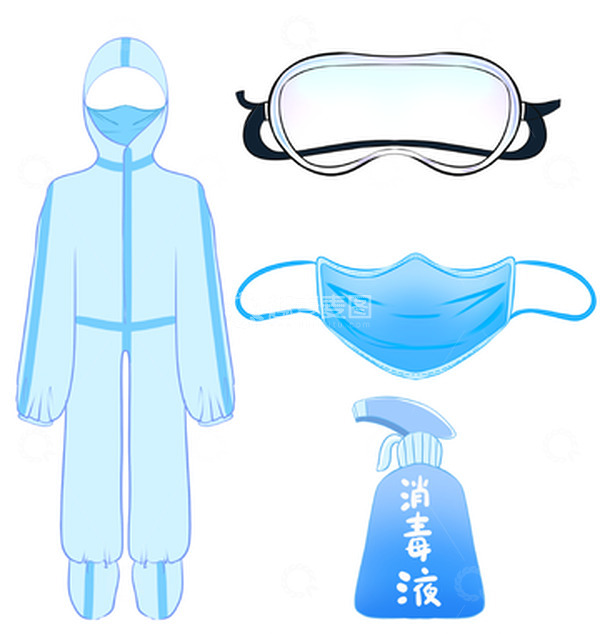 源文件下载【趣麦麦图】蓝色医疗防护服护目镜口罩消毒液套图