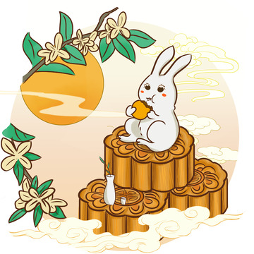 橙色国潮风中秋节兔子在桂花树下吃月饼图