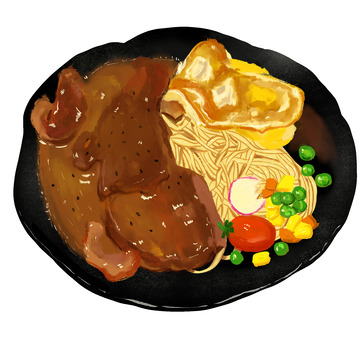 牛排意面手绘美食元素