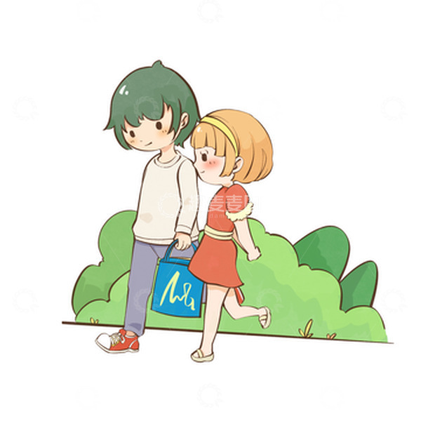 源文件下载【趣麦麦图】小清新男女散步卡通人物草丛购物手绘图