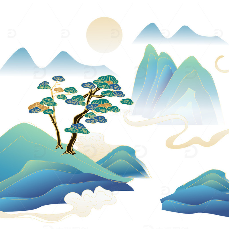 青绿色创意简洁国潮松树山水矢量素材