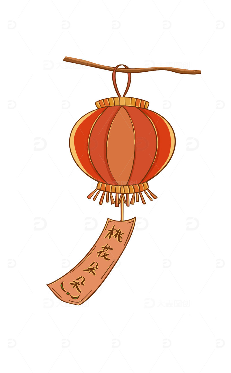 橙色扁平风格桃花朵朵灯笼手绘图