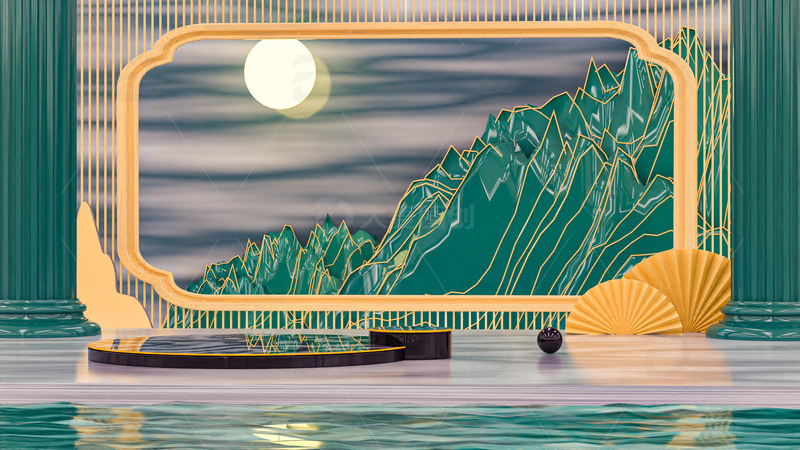 源文件下载【趣麦麦图】C4D立体国潮风格展台背景