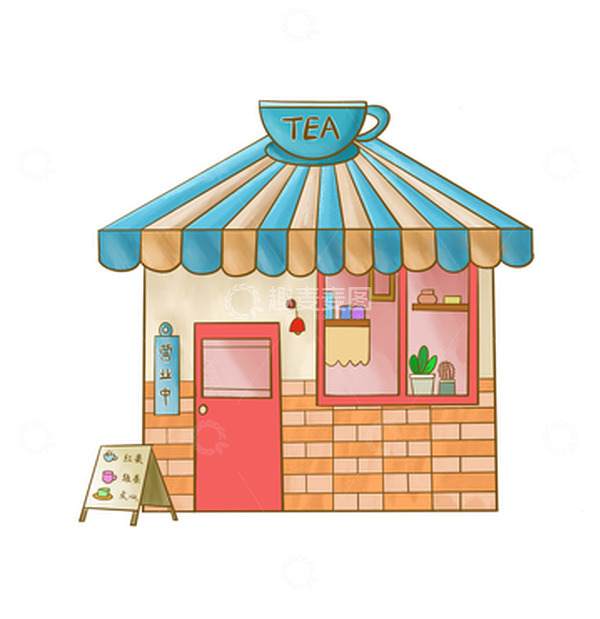 源文件下载【趣麦麦图】蓝色扁平风格小清新茶馆手绘图