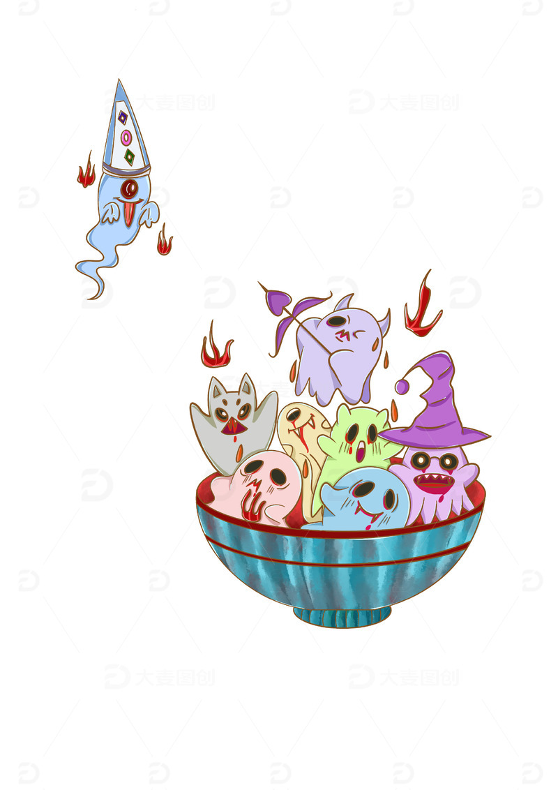 彩色扁平风格小鬼热闹过中元手绘图