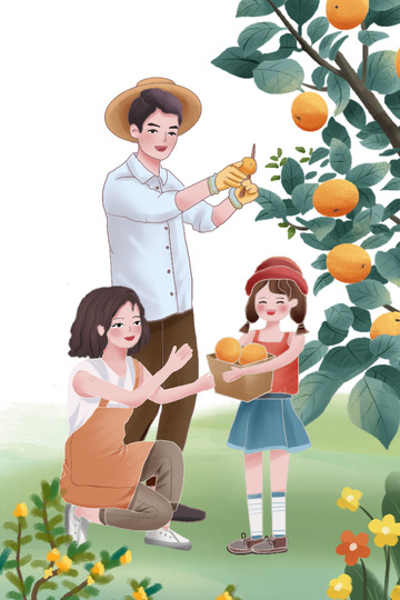 绿色 小清新 丰收 一家三口 果园采摘