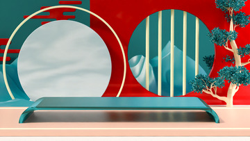 C4D红色国风传统节日舞台背景