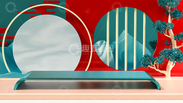 源文件下载【趣麦麦图】C4D红色国风传统节日舞台背景