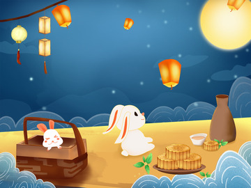 精品国潮中国风手绘中秋赏月小场景