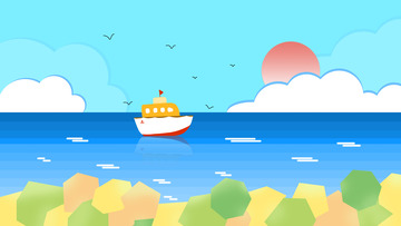 渐变蓝色海岸线轮船大海石堆装饰背景手绘图