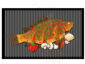 烤鱼夜宵美食插画