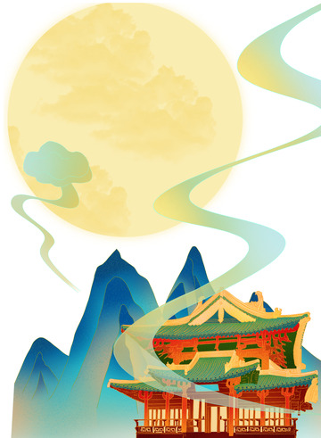 国风圆月青山小亭手绘素材
