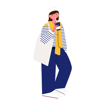 蓝色扁平女孩逛街卡通元素