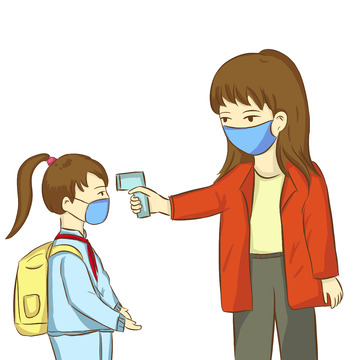 疫情防护学生老师戴口罩测体温上学手绘元素