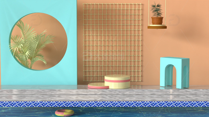 源文件下载【趣麦麦图】C4D泳池电商产品展示舞台