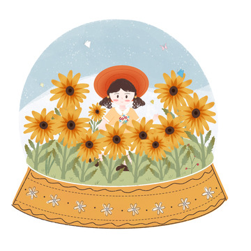 手绘水晶球中向日葵少女戴帽子童话风