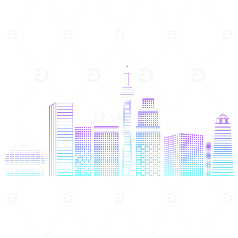 源文件下载【趣麦麦图】青紫色渐变城市高楼大厦剪影元素