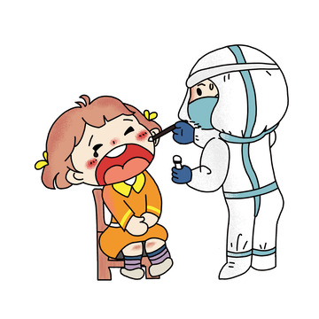 蓝白色新冠核酸检测拭子医生小孩手绘元素