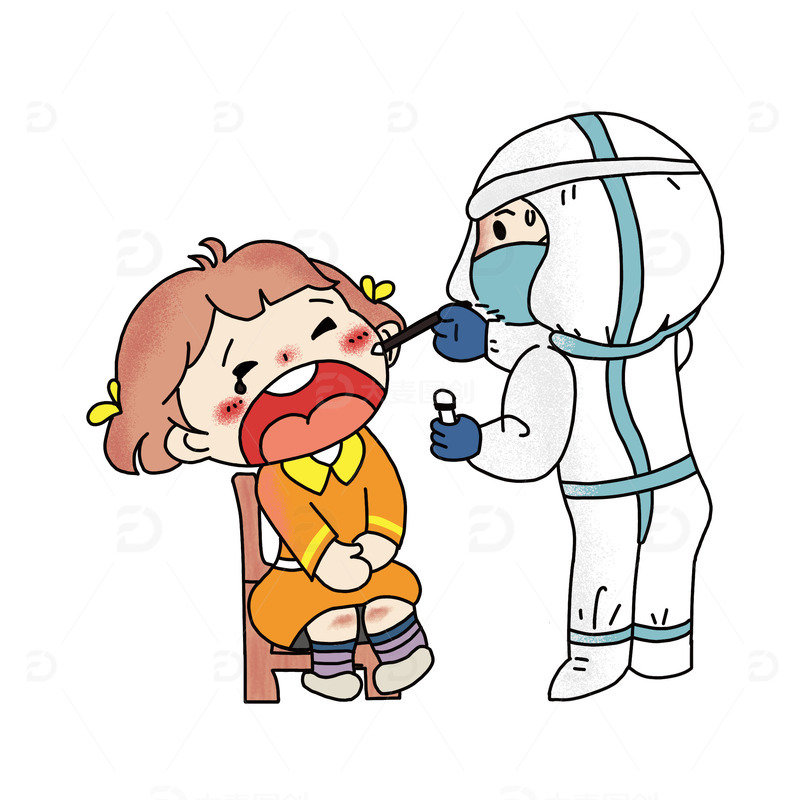 蓝白色新冠核酸检测拭子医生小孩手绘元素