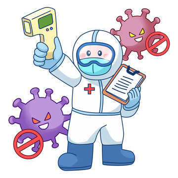 疫情防护抗病毒测体温卡通插画