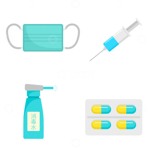 源文件下载【趣麦麦图】新冠疫情防护用品口罩药物消毒水免抠元素