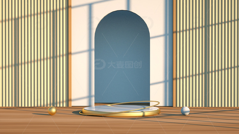 黄色木纹光影C4D立体场景展台海报背景