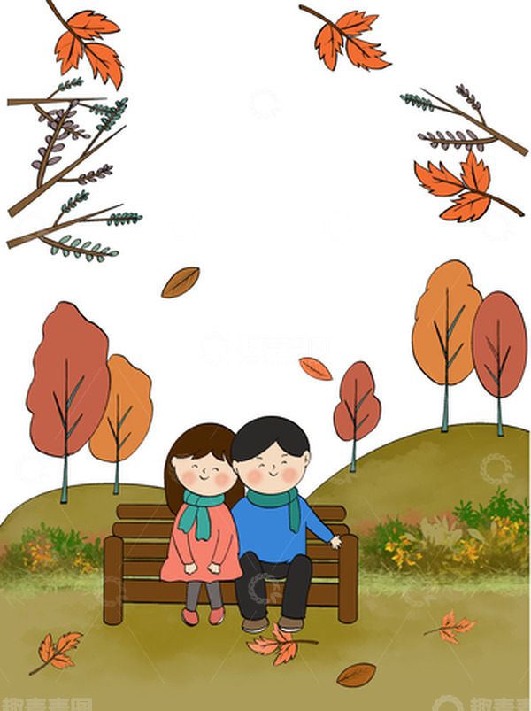 源文件下载【趣麦麦图】秋天秋分枫叶情侣山丘落叶公园卡通手绘背景