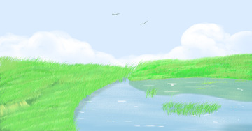 手绘绿色草地池塘