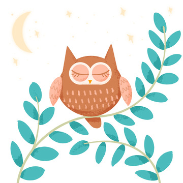 插画元素月光下睡觉的猫头鹰