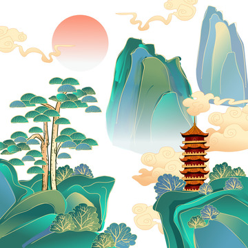 青绿色创意国潮山水松树宝塔云纹矢量素材