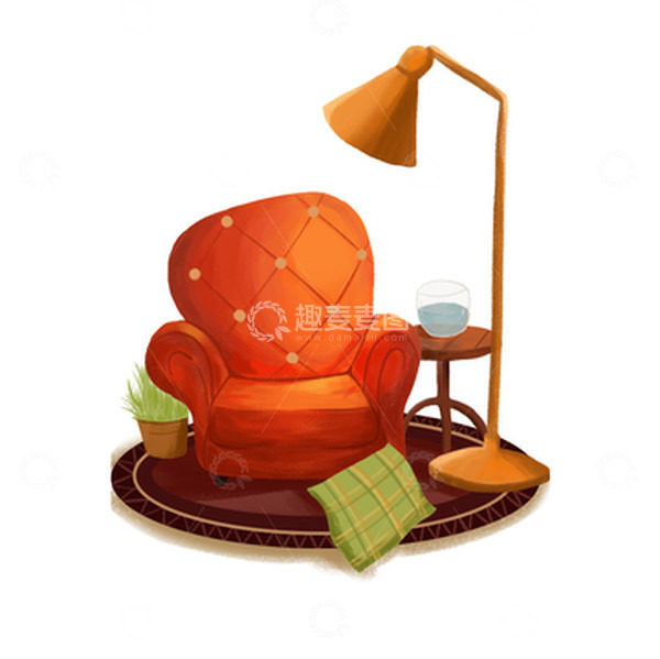 源文件下载【趣麦麦图】橙色温馨沙发靠垫地毯水杯台灯手绘图