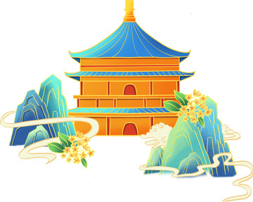 手绘中秋国潮建筑