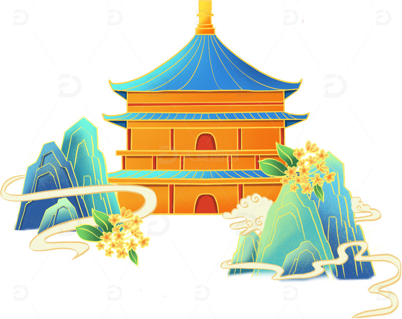 源文件下载【趣麦麦图】手绘中秋国潮建筑