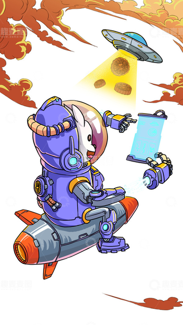 源文件下载【趣麦麦图】紫色卡通宇航兔子中秋节手绘图