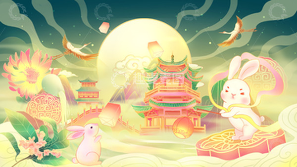 源文件下载【趣麦麦图】国潮风中秋节玉兔放花灯山水建筑插画背景