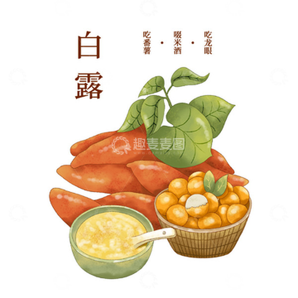 源文件下载【趣麦麦图】手绘二十四节气白露插画番薯米酒龙眼