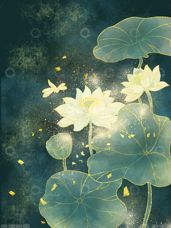 源文件下载【趣麦麦图】水彩烫金处暑节气荷花莲叶插画海报背景