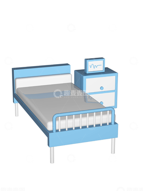 源文件下载【趣麦麦图】-蓝色卡通3d卡通病床医院病房元素
