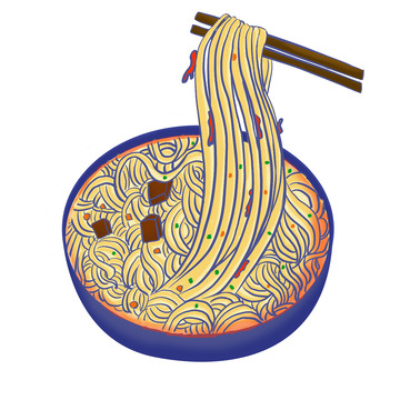 蓝色碗筷子夹牛肉面面条食物手绘