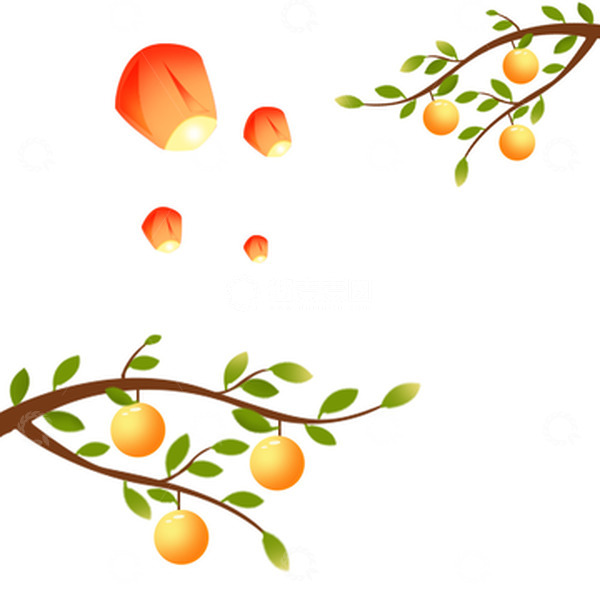 源文件下载【趣麦麦图】中秋节金桔树放花灯手绘插画