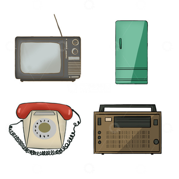 复古家电电视冰箱电话收音机简笔手绘元素