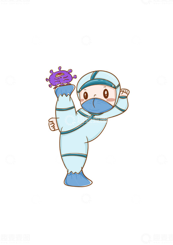 源文件下载【趣麦麦图】蓝色扁平风格与新冠格斗的防疫人员手绘图