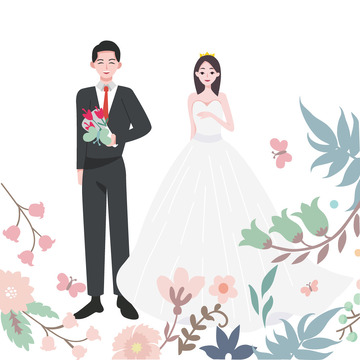 扁平矢量结婚情侣元素 新娘新郎